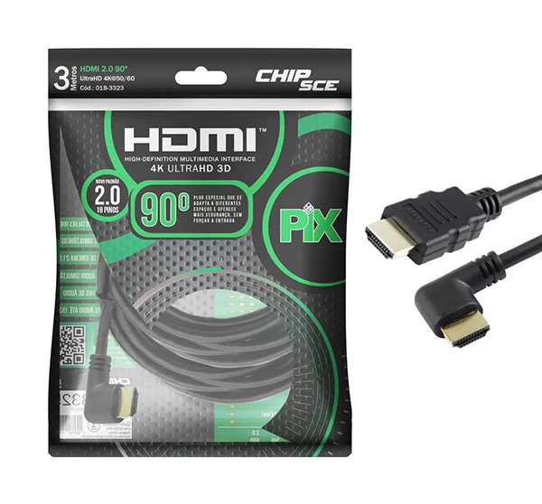 Cabo HDMI 2.0 4K 90° Ultra HD 3M 19 Pinos Chip Sce 018-3323 38889 38889